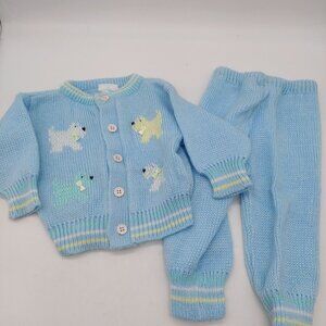 Rising Star Blue Knit Outfit Sweater Pants Baby 6/9 Months Vintage Dogs Buttons